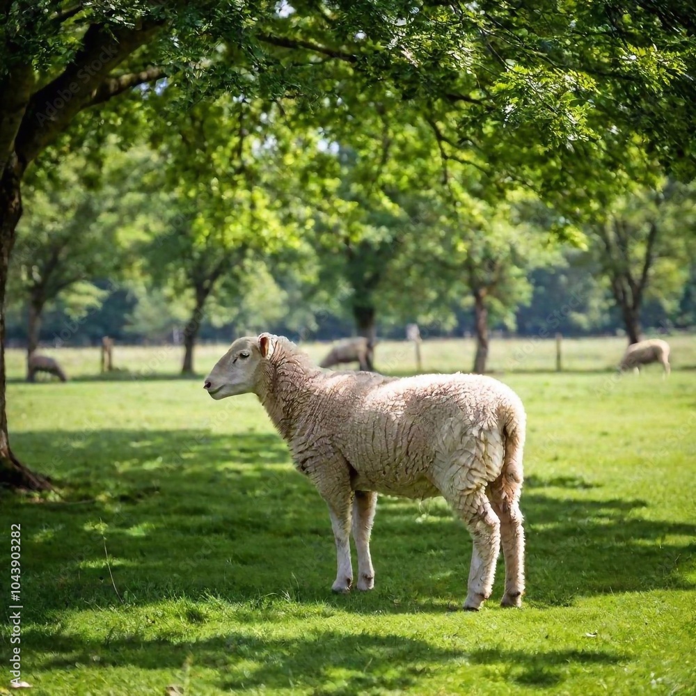 A full shot of a sheep grazing peacefully under a tree, with soft focus giving a tranquil, slightly blurred view of the sheep and the surrounding meadow A full shot of a sheep grazing peacefully under a tree, with soft focus giving a tranquil, slightly blurred view of the sheep and the surrounding meadow