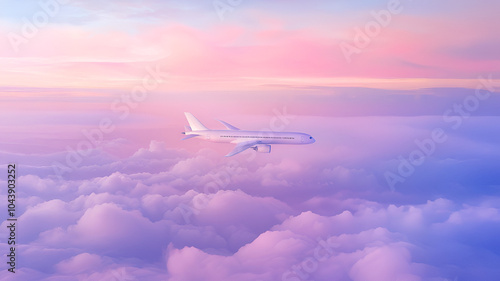 Aerial photo of a plane flying in the sky above fluffy clouds. Dreamy pastel color palette with purple, blue and pink primary colors