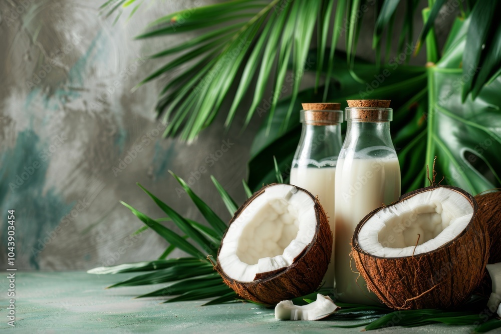 Fresh coconut milk in glass bottles with halves coconuts Fresh coconut milk in glass bottles with halves coconuts