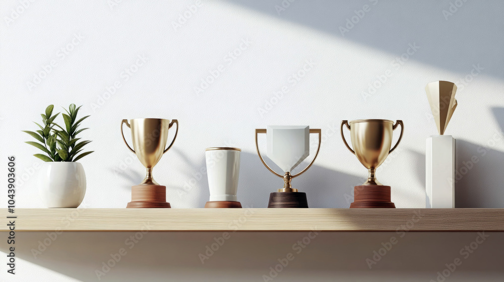 A collection of elegant trophy awards displayed on a wooden shelf with a potted plant.Win and success A collection of elegant trophy awards displayed on a wooden shelf with a potted plant.Win and success