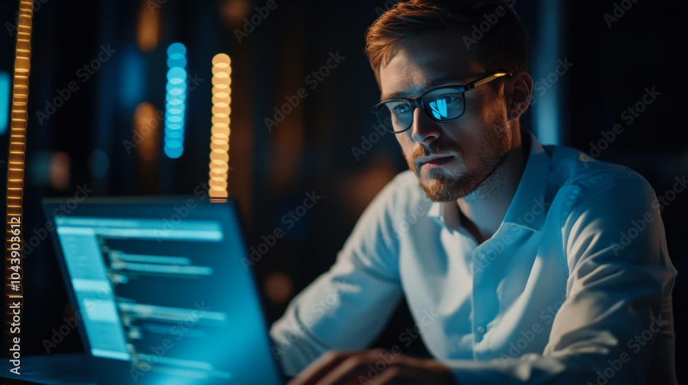 Young professional working focused on a laptop in a dimly lit office environment during evening hours Young professional working focused on a laptop in a dimly lit office environment during evening hours