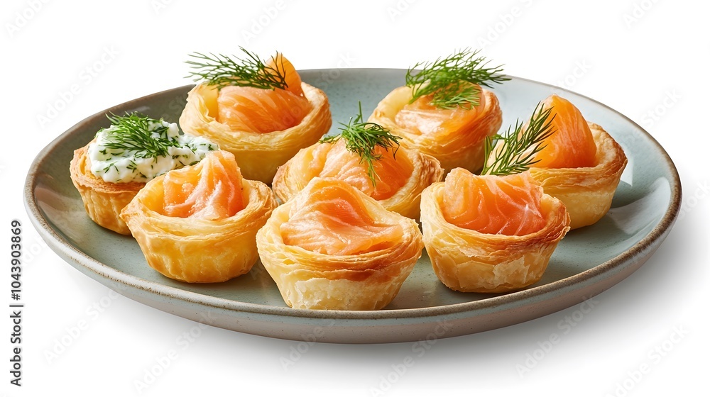 Savory salmon appetizers with dill on puff pastry for elegant dining Savory salmon appetizers with dill on puff pastry for elegant dining