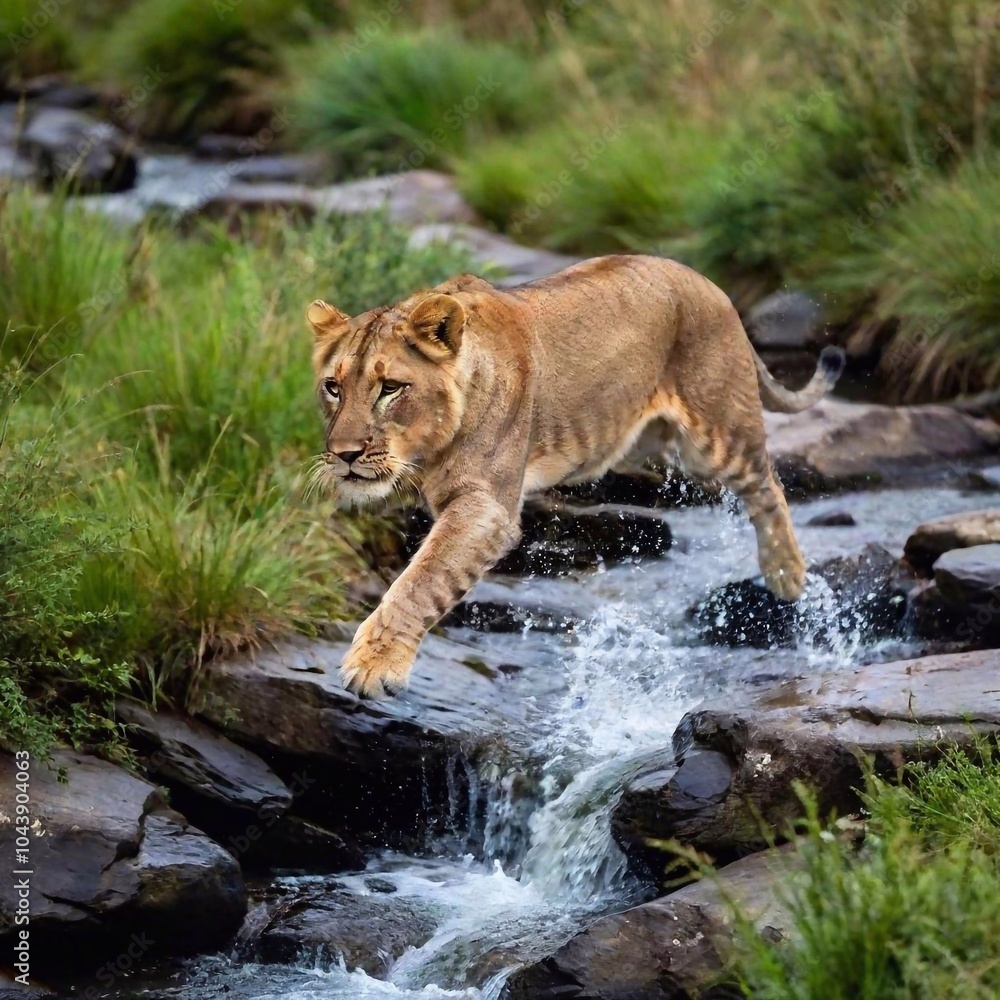 Obraz premium A macro photo of a lion leaping over a small stream, deep focus on the motion and musculature, high-angle shot capturing its full body mid-air, highlighting the dynamic action and strength of the lion