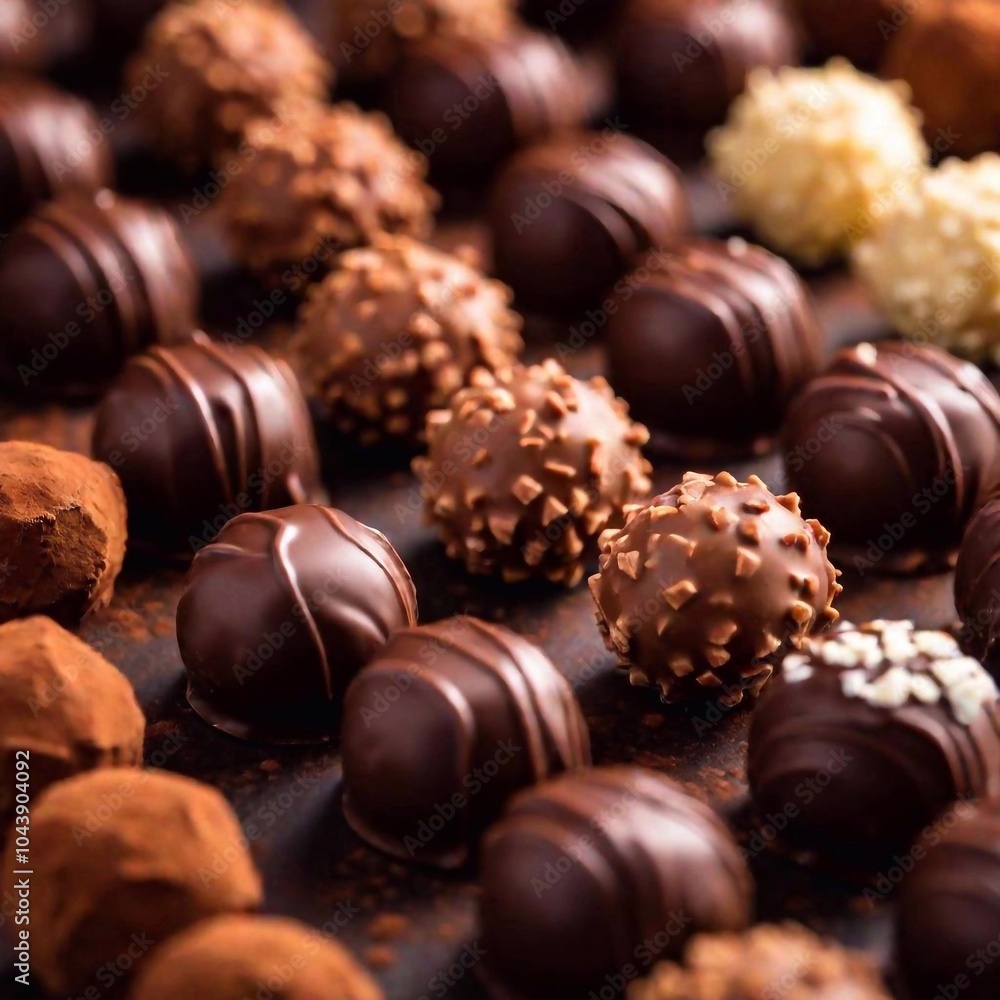 A close-up from above of an assortment of chocolate truffles with various toppings, with the truffles in sharp focus and the background softly blurred, capturing the luxurious and varied textures A close-up from above of an assortment of chocolate truffles with various toppings, with the truffles in sharp focus and the background softly blurred, capturing the luxurious and varied textures