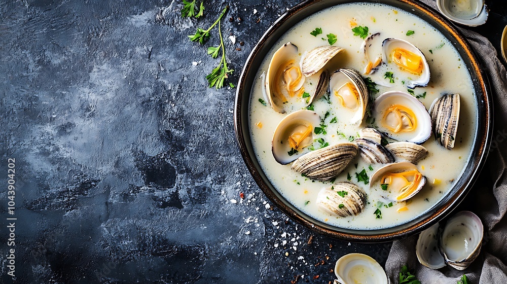 Creamy Clam Chowder in a Bowl with Parsley Garnish. Creamy Clam Chowder in a Bowl with Parsley Garnish.