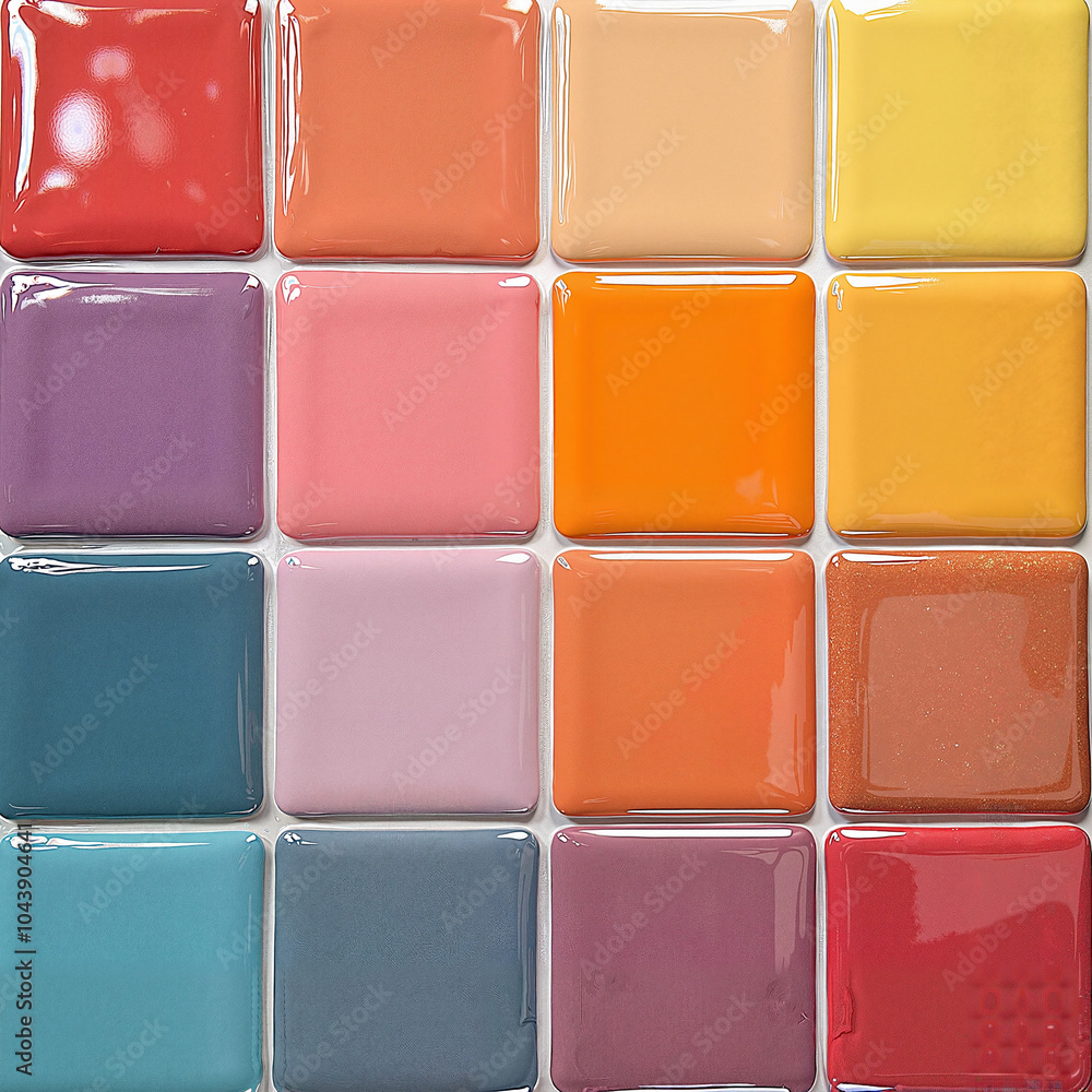Fototapeta premium Colorful glossy tiles arranged in a grid with various vibrant hues