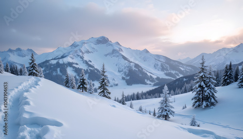 Wallpaper Mural Majestic snow-covered mountains at sunset with pine trees in the foreground, creating a breathtaking winter landscape

 Torontodigital.ca