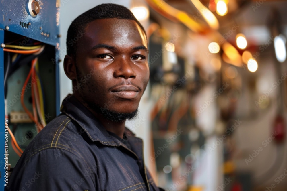 Portrait of a young African American male electrician Portrait of a young African American male electrician