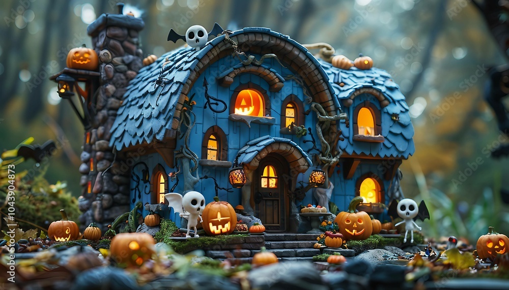 Fototapeta premium Non-Scary Haunted House, Design a whimsical, non-scary haunted house for kids, featuring friendly ghosts, cute skeletons,