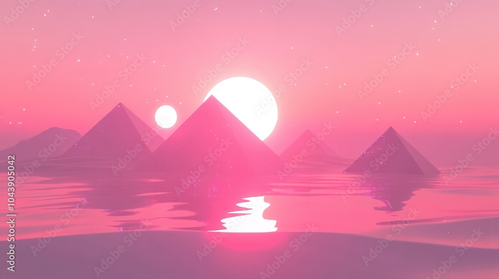 Fototapeta premium Pink Sunset with Pyramids and Water