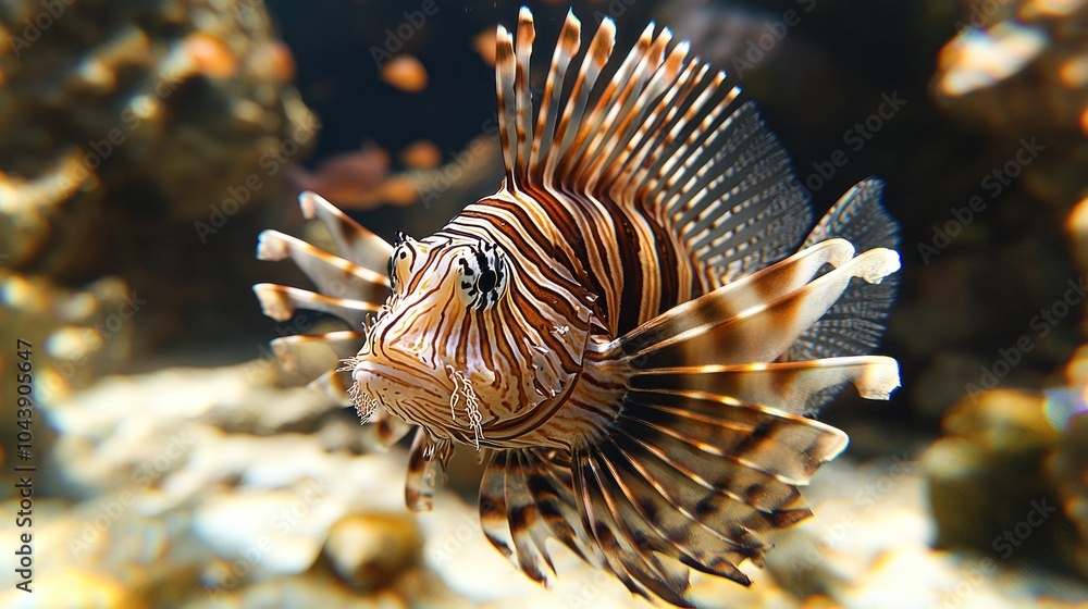 A vibrant lionfish swimming in an underwater habitat. A vibrant lionfish swimming in an underwater habitat.