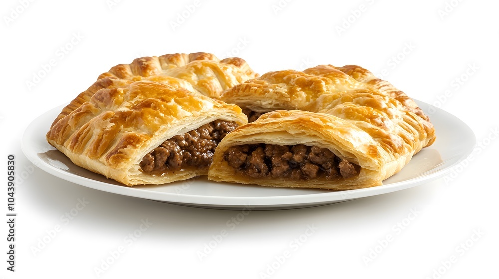 Delicious flaky meat pies sliced on a white plate for savory snack lovers Delicious flaky meat pies sliced on a white plate for savory snack lovers