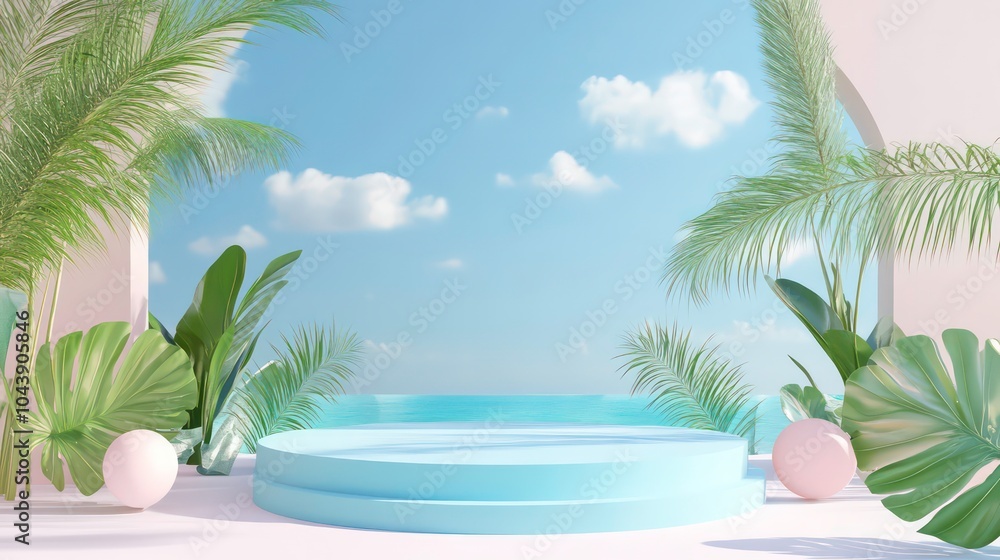 Fototapeta premium A blue podium with a beach and sky backdrop, surrounded by tropical leaves and pink spheres, creating a summery and relaxing atmosphere.