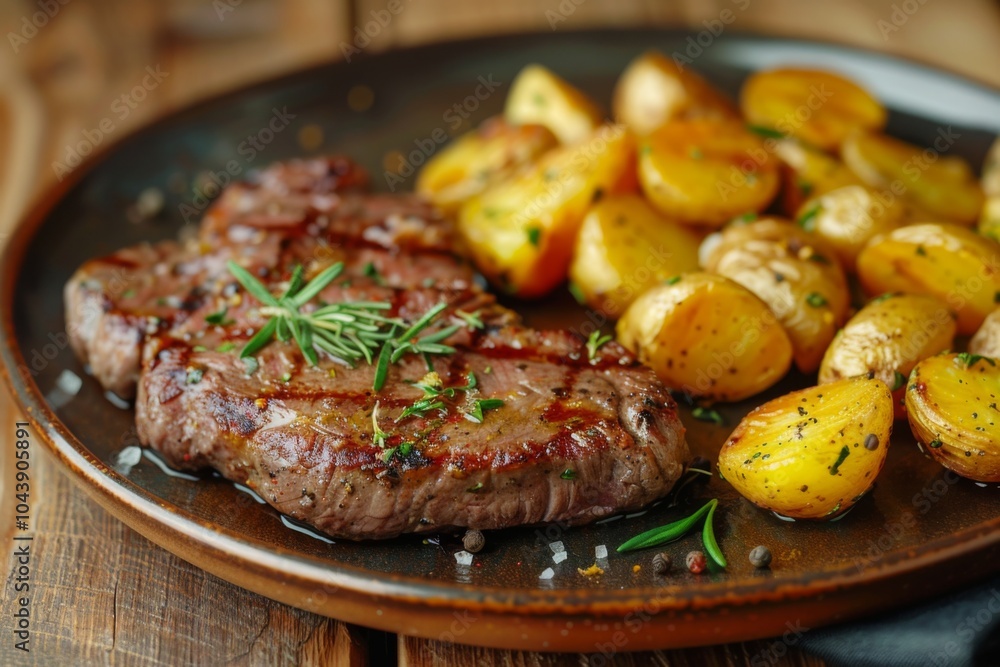 Steak and golden potatoes on rustic wooden tables Steak and golden potatoes on rustic wooden tables