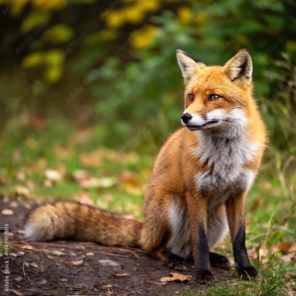A medium shot of a red fox sitting among autumn leaves, with rack focus emphasizing the fox's detailed fur and the vibrant, blurred foliage around it A medium shot of a red fox sitting among autumn leaves, with rack focus emphasizing the fox's detailed fur and the vibrant, blurred foliage around it