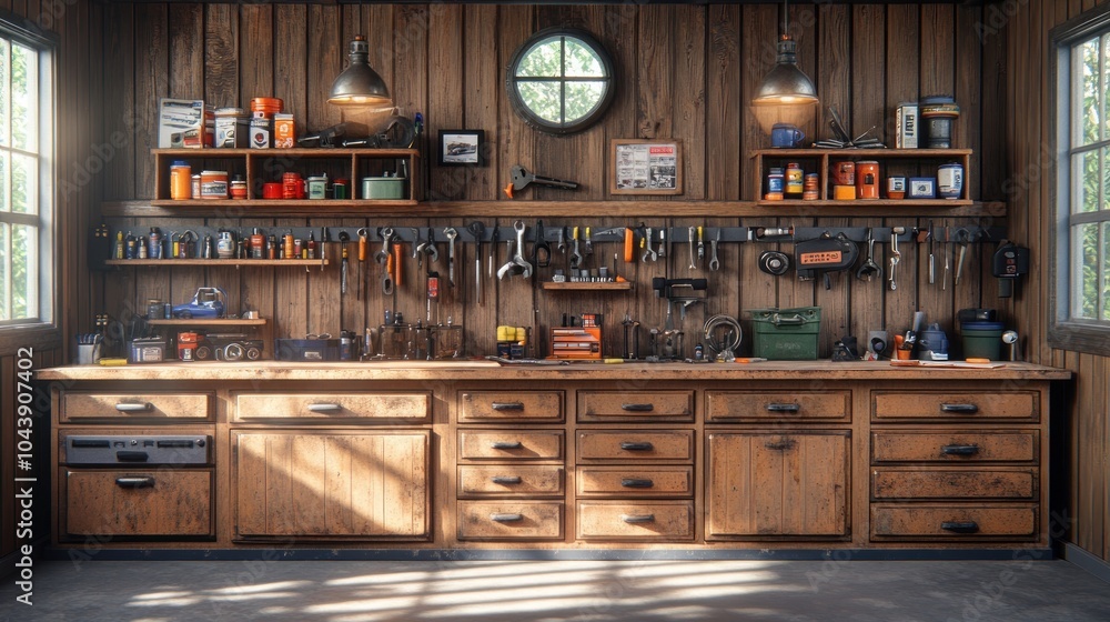 A well-organized workshop with tools and equipment.