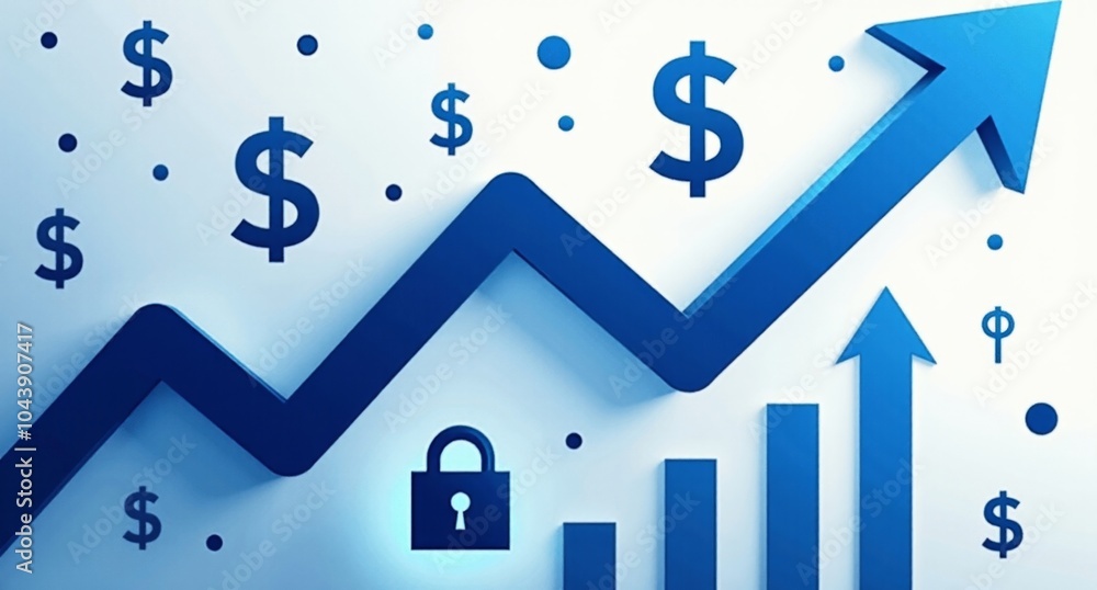 National security in blue and white with sharp contrasts, dollar signs, and rising arrows, symbolizing secure financial policies. Texture overlays enhance spatial complexity. National security in blue and white with sharp contrasts, dollar signs, and rising arrows, symbolizing secure financial policies. Texture overlays enhance spatial complexity.