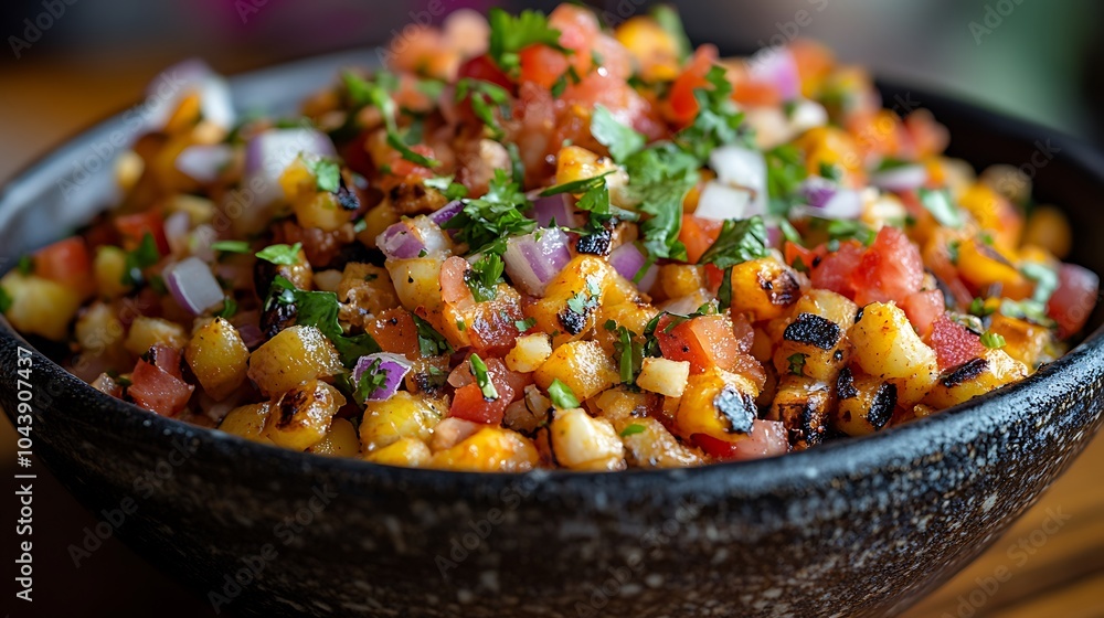Close-up of a Bowl of Grilled Corn Salad with Tomatoes, Red Onions, and Cilantro. Close-up of a Bowl of Grilled Corn Salad with Tomatoes, Red Onions, and Cilantro.