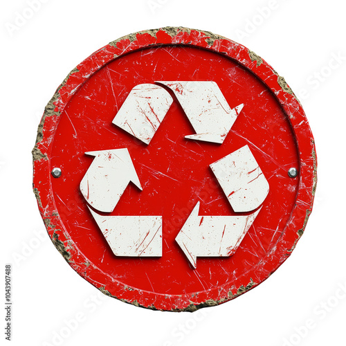 Close-up of a weathered red recycling sign with a white arrow symbol, highlighting environmental sustainability and waste management efforts. isolated PNG transparent background. isolated PNG transpar photo