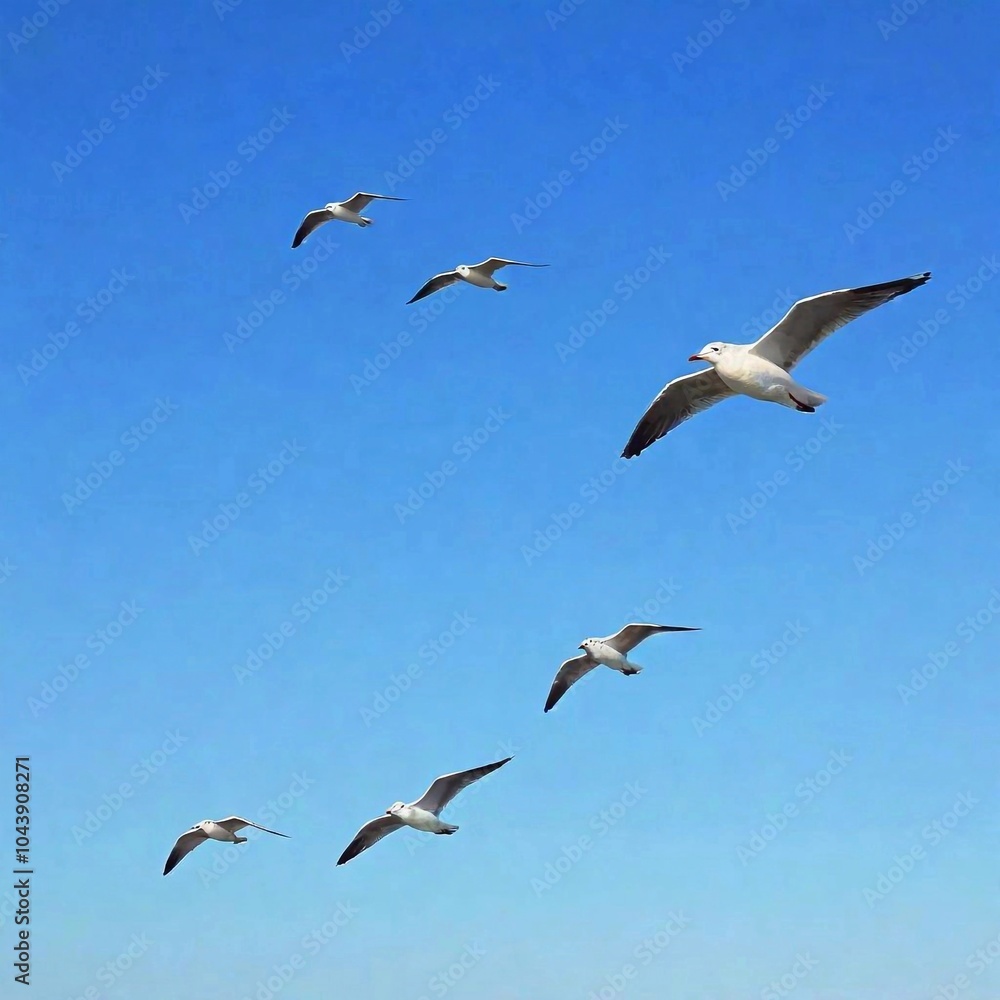 Birds migrating in formation across a clear blue sky Birds migrating in formation across a clear blue sky