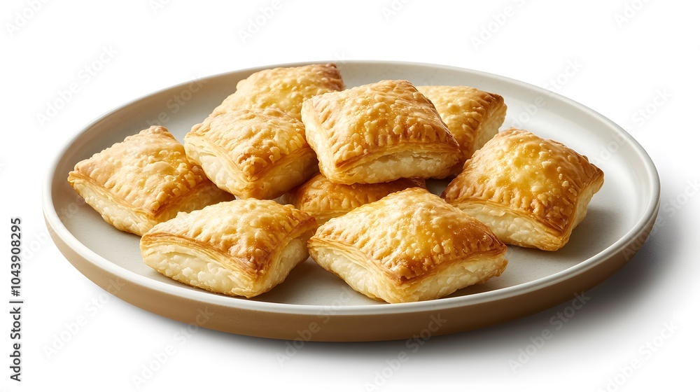 Golden flaky pastries on plate: a tempting display of delicious freshly baked goods Golden flaky pastries on plate: a tempting display of delicious freshly baked goods