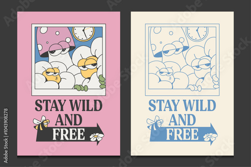 groovy hippie poster with cute flower cartoon characters, vector illustration
