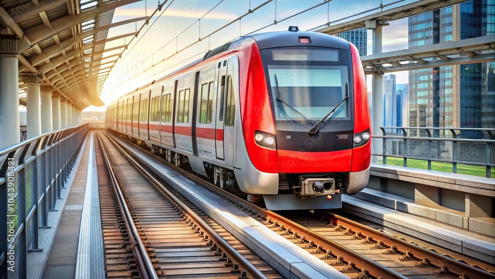 Naklejka premium Red and white Jabodebek LRT train on track travels past cityscape