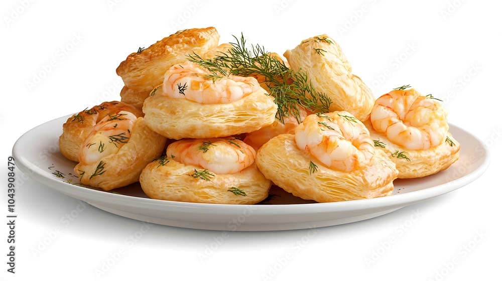 Delicious shrimp pastries garnished with fresh dill on a white plate Delicious shrimp pastries garnished with fresh dill on a white plate