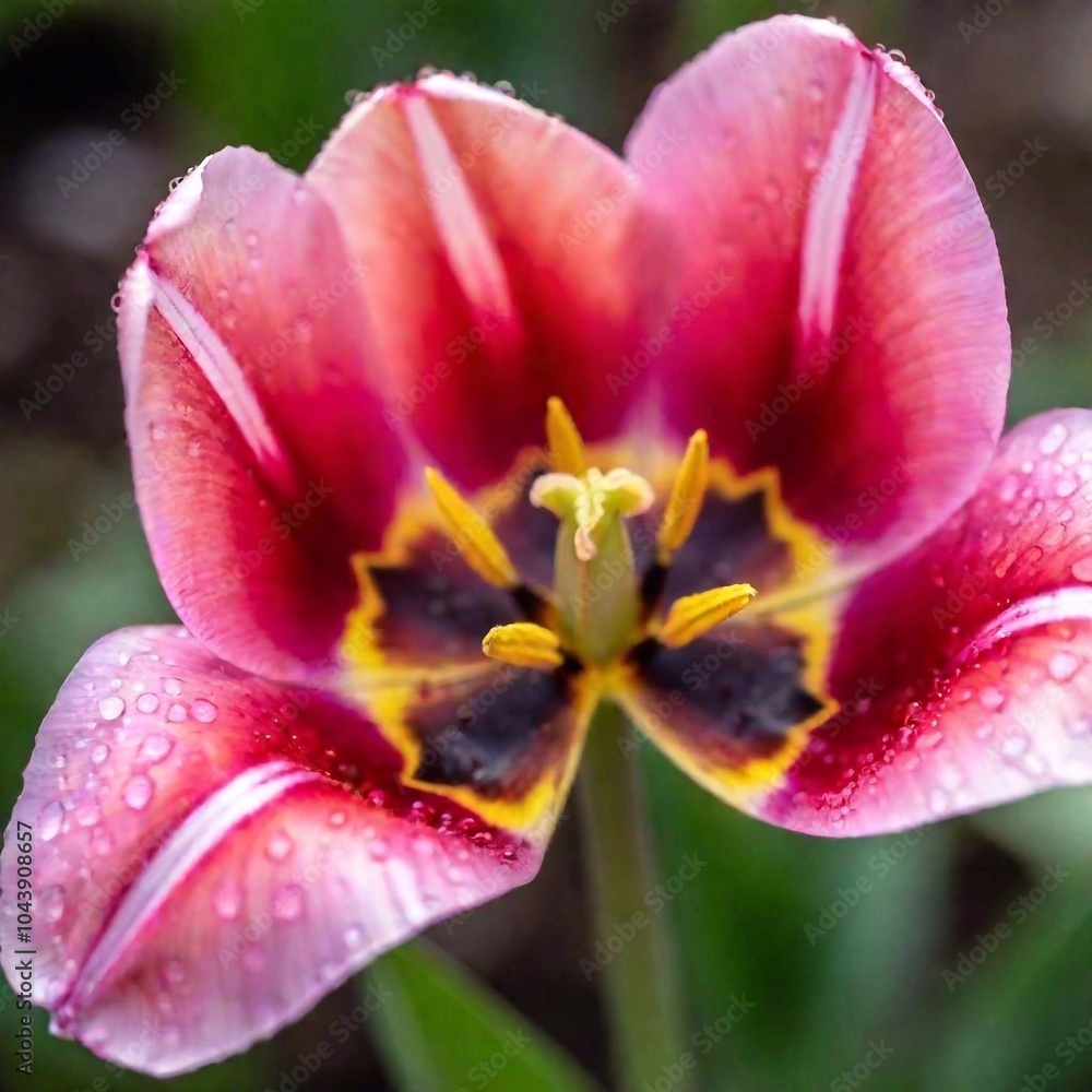 a macro shot of a single vibrant spring flower, such as a tulip or daisy, with dew droplets on its petals. Ensure the fine details of the flower's texture and delicate colors are prominently displayed a macro shot of a single vibrant spring flower, such as a tulip or daisy, with dew droplets on its petals. Ensure the fine details of the flower's texture and delicate colors are prominently displayed
