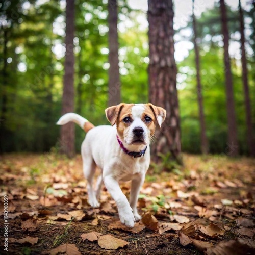 A full shot photo of a dog and cat exploring a forest, shallow focus, low angle shot, showing their full bodies and the towering trees in a wider portrait, emphasizing the sense of adventure