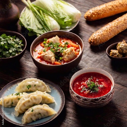 A beautifully arranged Ukrainian feast, featuring traditional dishes like borscht, varenyky (dumplings), and holubtsi (stuffed cabbage rolls), displayed in a long shot, soft focus, flatlay photo