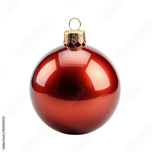 A red ornament with a gold top sits on a white background