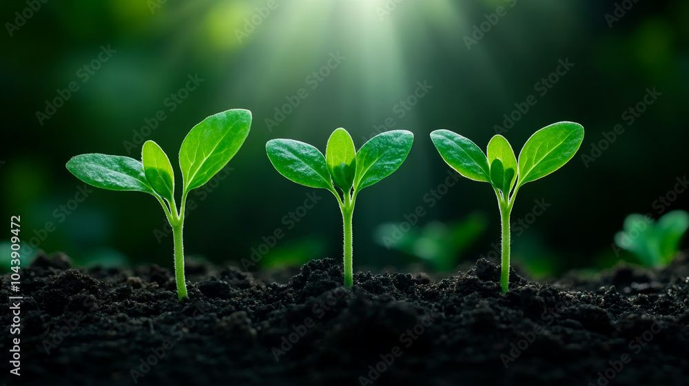 Freshly sprouted green seedlings pushing through dark, rich soil with soft morning sunlight in the background early spring gardening scene Freshly sprouted green seedlings pushing through dark, rich soil with soft morning sunlight in the background early spring gardening scene