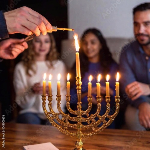 A macro photo of the menorah being lit by a caucasian female and male adult, with deep focus on the flames, the menorah, and the participants focused expressions, eye level shot showing their photo