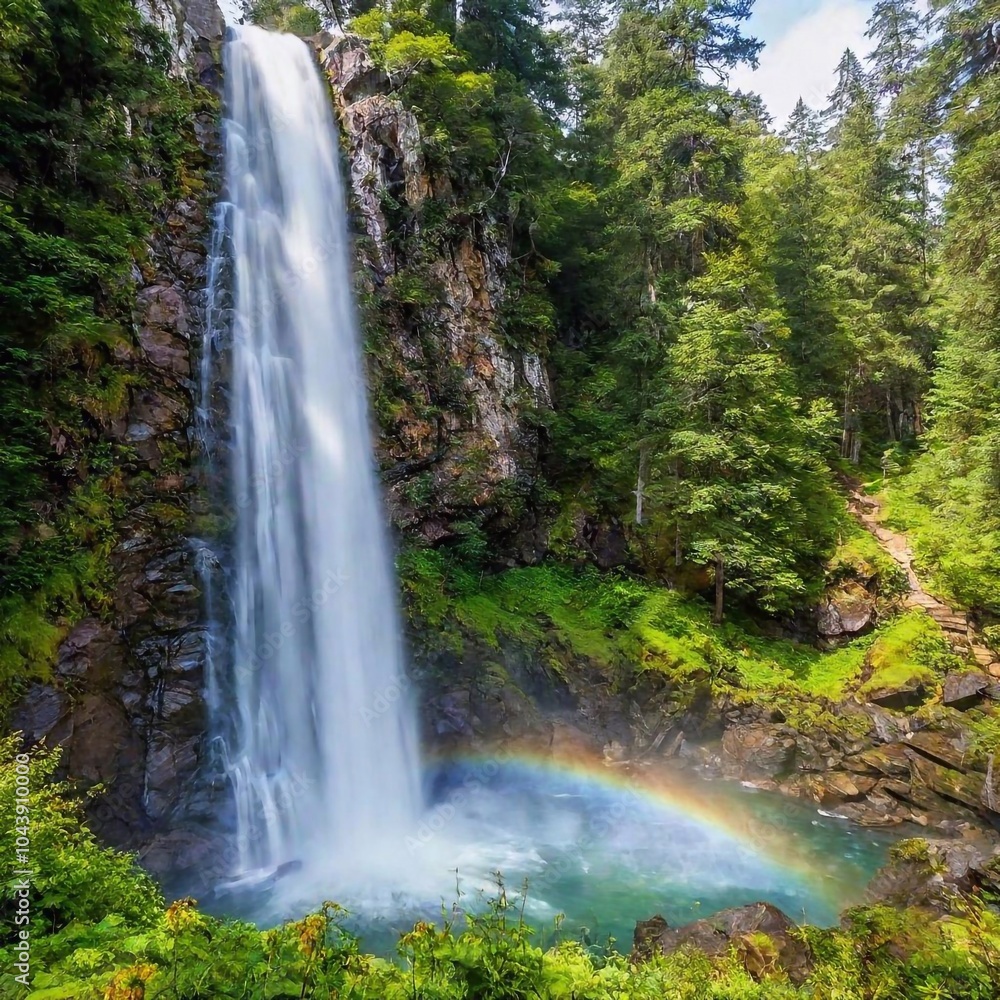 Obraz premium A rainbow reflected in a waterfall, with the water cascading down into a serene pool