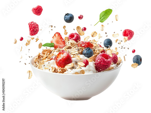 Vibrant bowl of granola with fresh berries and oats in a white bowl.