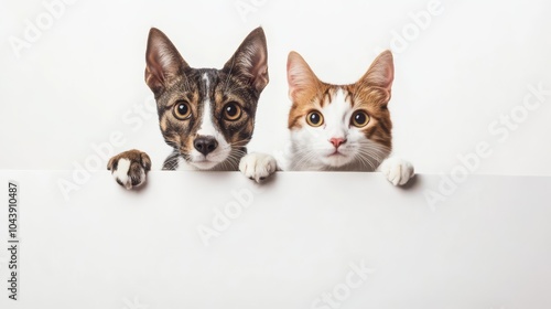 Best Friends Forever: Adorable dog and cat peeking over a sign. Perfect for pet adoption, veterinary clinics, or animal lover brands.   photo