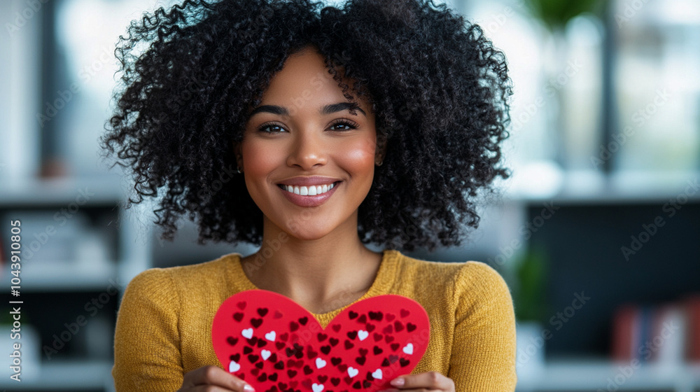 Woman sitting at her office desk, smiling while opening a Valentine's Day card with heart-shaped confetti spilling out workday surprise Woman sitting at her office desk, smiling while opening a Valentine's Day card with heart-shaped confetti spilling out workday surprise