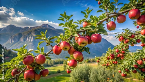 Red apples ripening on tree branches in garden with mountains and blue sky backdrop