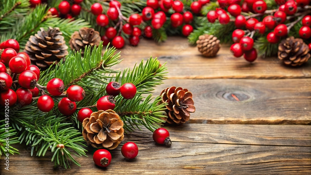 Red berries and fir cones background perfect for the holiday season Red berries and fir cones background perfect for the holiday season
