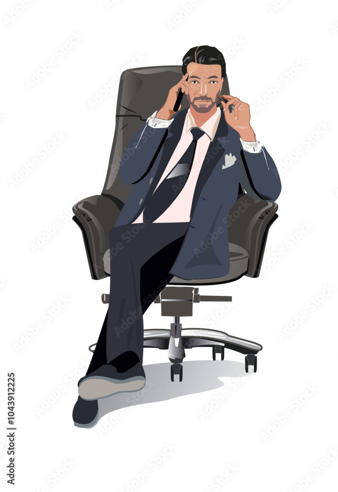 Businesman in the suit, a director, sitting in the office chair, talking on the phone. Hand drawn vector illustration. Businesman in the suit, a director, sitting in the office chair, talking on the phone. Hand drawn vector illustration.