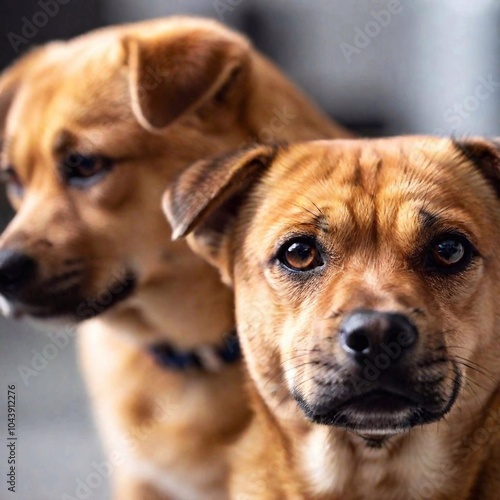 A close-up photo of a dog and cat with their heads tilted, deep focus, eye-level shot emphasizing their curious expressions and the textures of their fur, offering a whimsical and detailed portrait