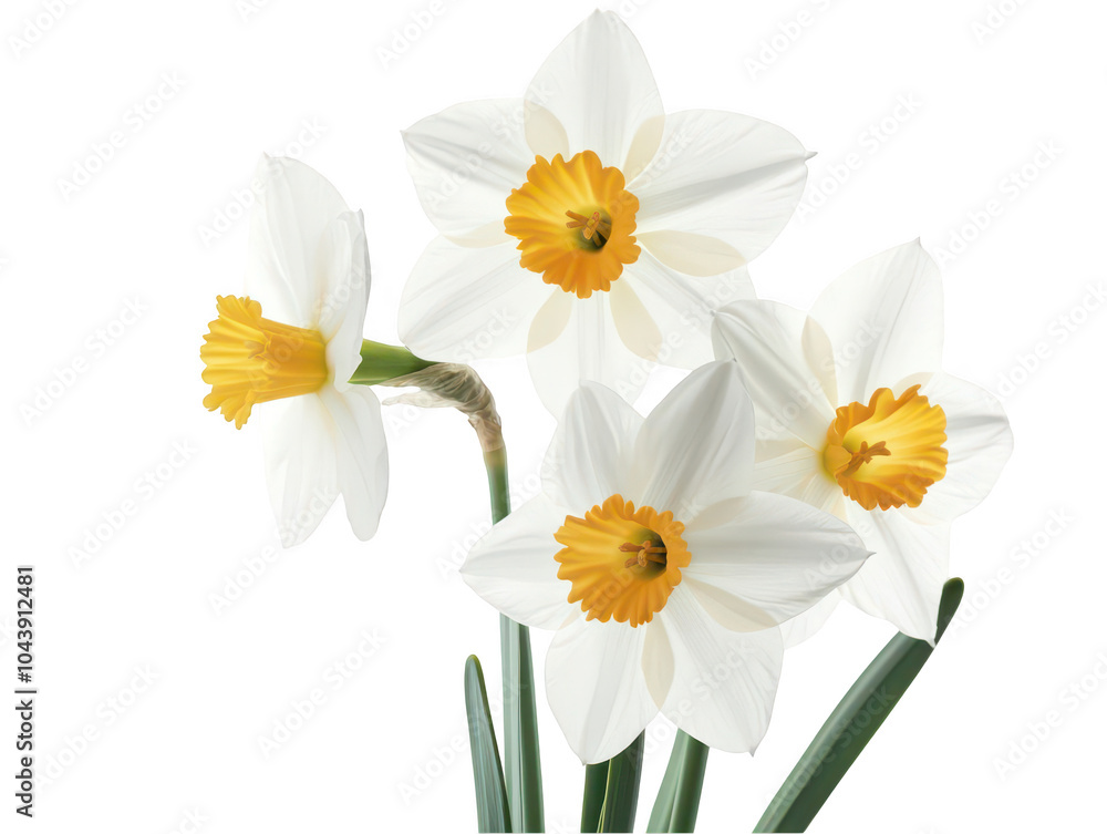Elegant white daffodils with vivid yellow centers in full bloom against a plain background. Elegant white daffodils with vivid yellow centers in full bloom against a plain background.