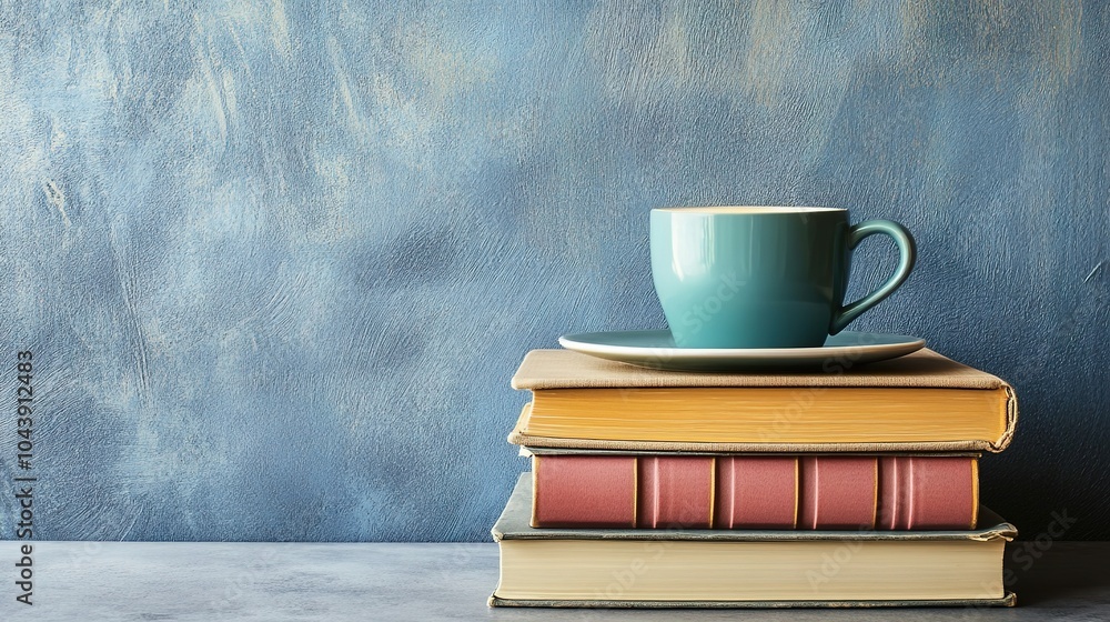 Teal cup on a stack of hardcover books against blue wall. Teal cup on a stack of hardcover books against blue wall.
