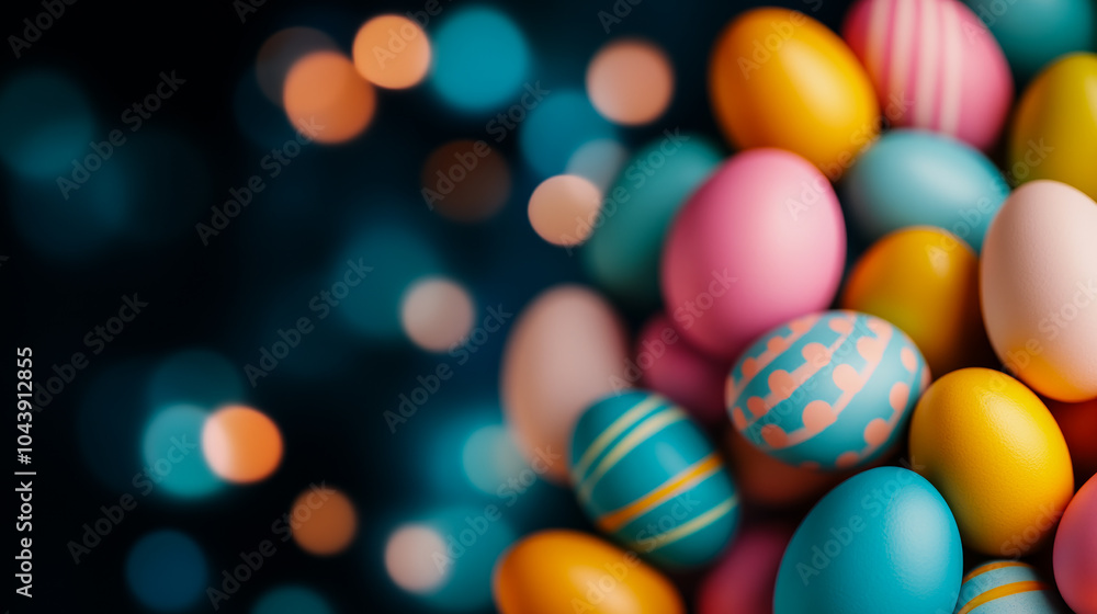 Dynamic motion of swirling pastel-colored egg shapes against a dark background with bursts of light conceptual Easter energy flow Dynamic motion of swirling pastel-colored egg shapes against a dark background with bursts of light conceptual Easter energy flow
