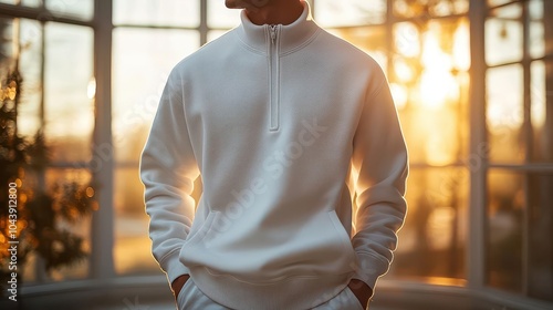 mockup of a stylish white quarterzip sweater displayed against a minimalist backdrop emphasizing the clean lines and modern design ideal for showcasing fashion trends and winter apparel photo