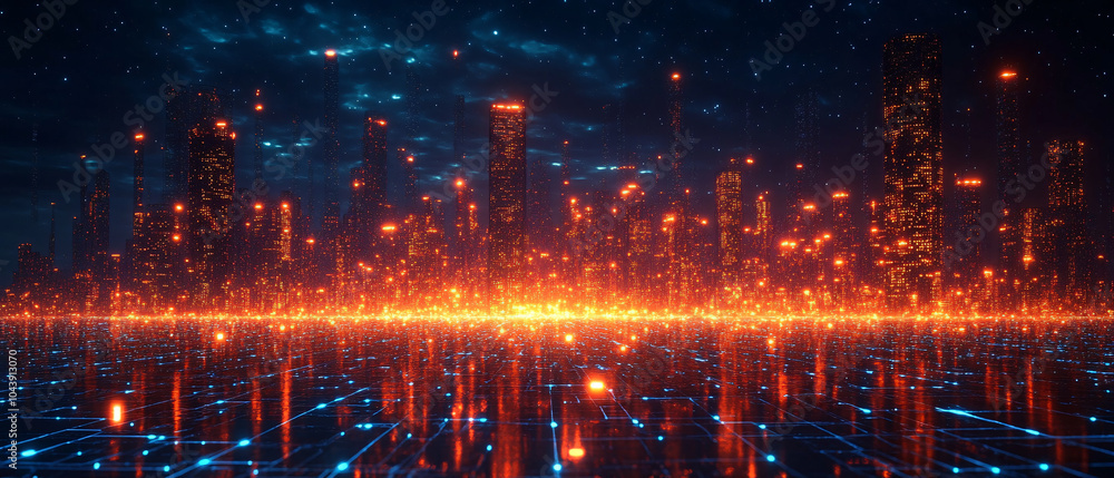 Fototapeta premium Futuristic Cityscape with Glowing Lights and Digital Grid