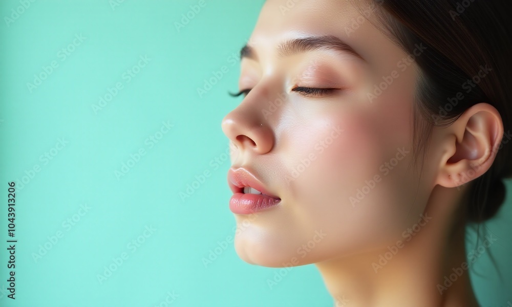 Close up profile flawless skin dewy complexion rosy Close up profile flawless skin dewy complexion rosy