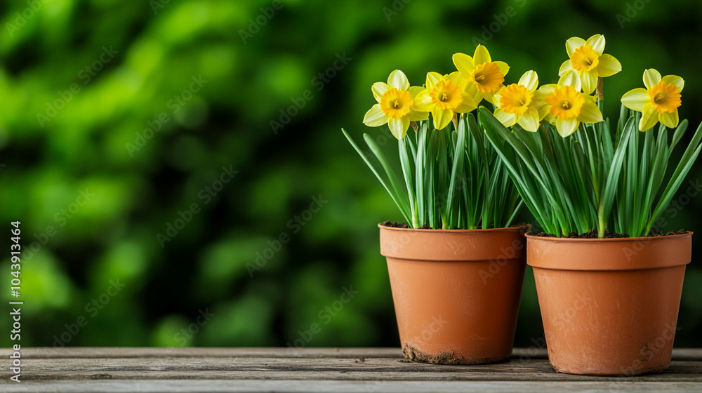 Rusty garden tools resting on a wooden bench, surrounded by pots of young plants and blooming daffodils early spring gardening essentials Rusty garden tools resting on a wooden bench, surrounded by pots of young plants and blooming daffodils early spring gardening essentials