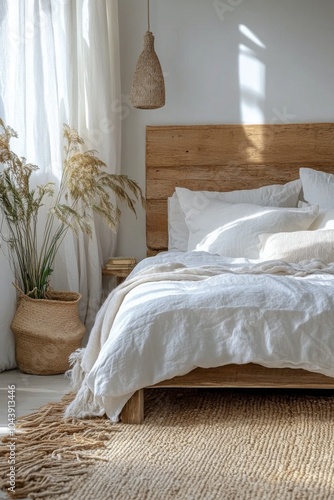 Cozy bedroom featuring a natural wooden bed and a warm textile arrangement in soft neutrals